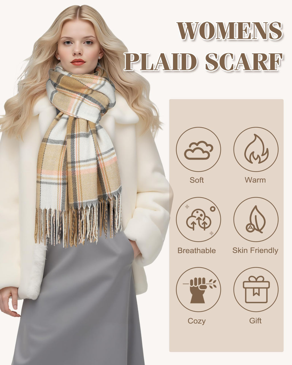YSense Winter Scarf for Women, Fashion Long Plaid Scarves Warm Big Tartan Blanket Wrap Shawl Ladies Gifts