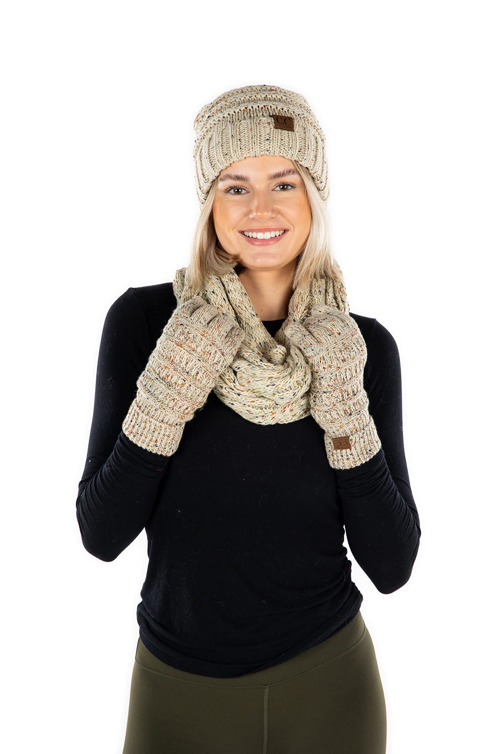 Funky Junque Hat Scarf Glove Set for Women – Matching Winter Set with Oversized Slouchy Beanie, Infinity Scarf & Cozy Gloves