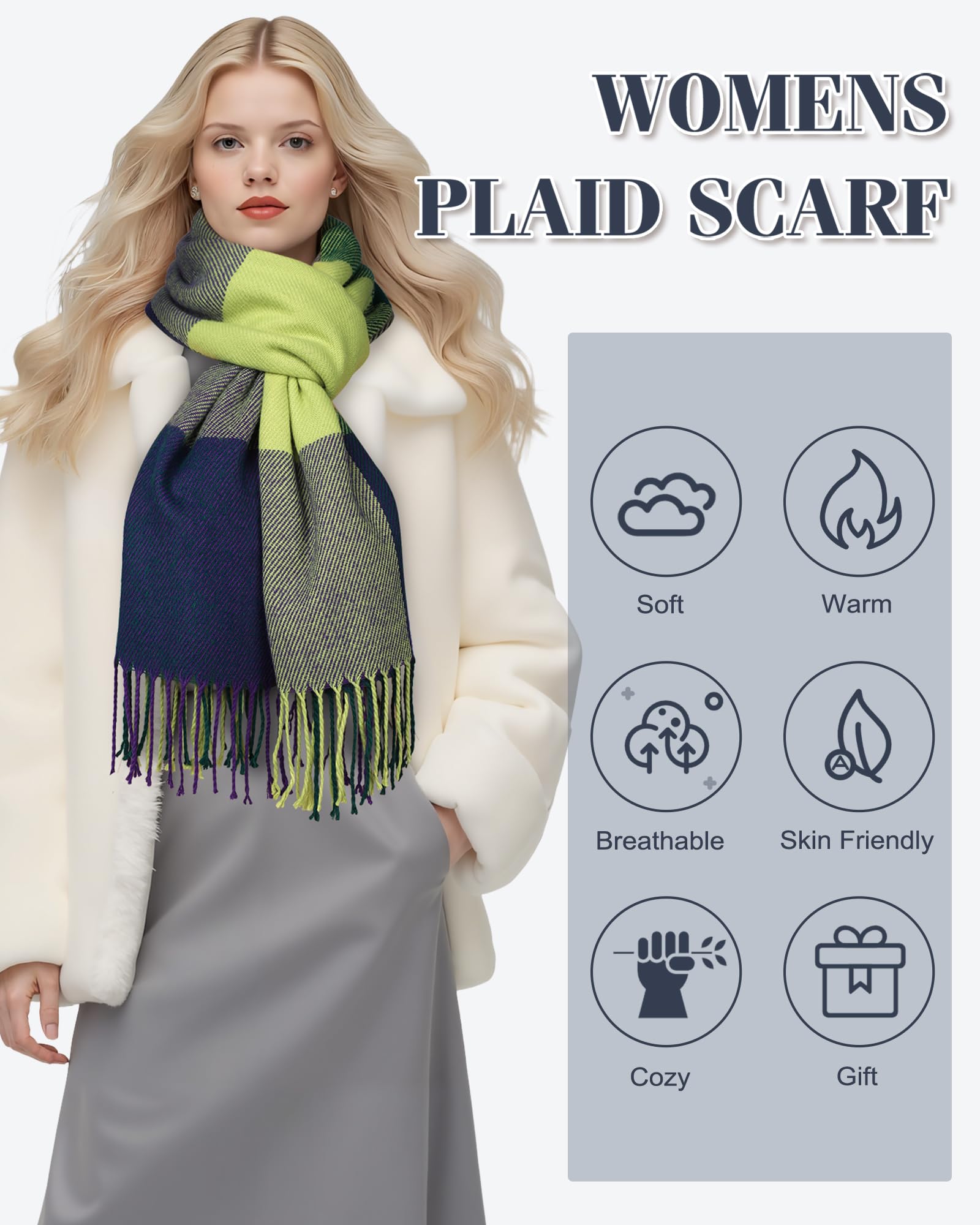 YSense Winter Scarf for Women, Fashion Long Plaid Scarves Warm Big Tartan Blanket Wrap Shawl Ladies Gifts