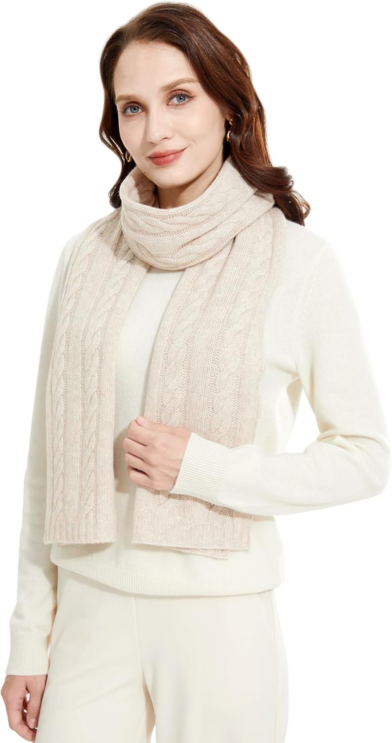 Soft Warm 100% Cashmere Scarf for Women Lightweight Luxury Cable Stitch Scarves Mottle Camel
