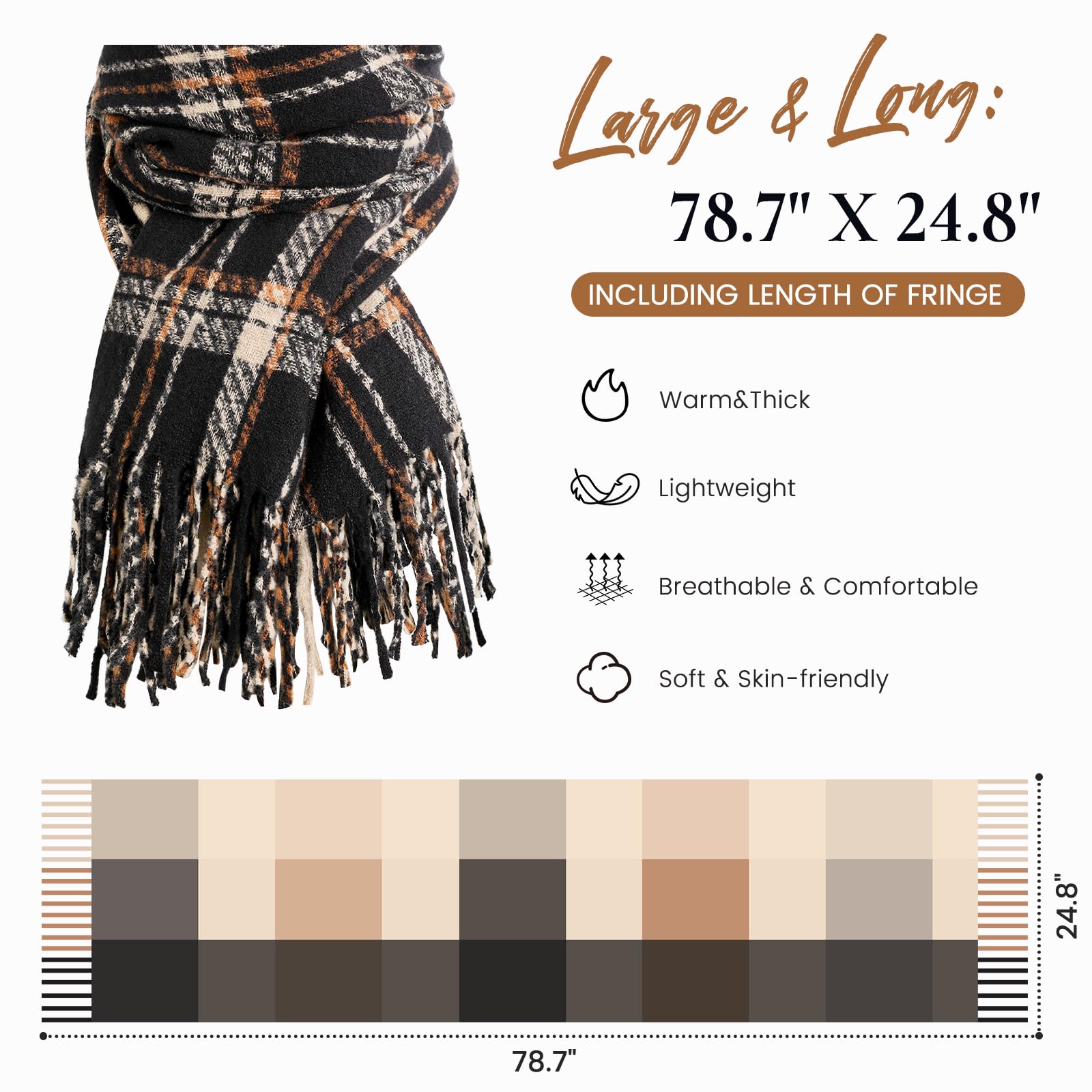 Winter Scarf for Women, Fashion Plaid Blanket Scarves with Fringe, Long Soft Scarf Shawl Wraps