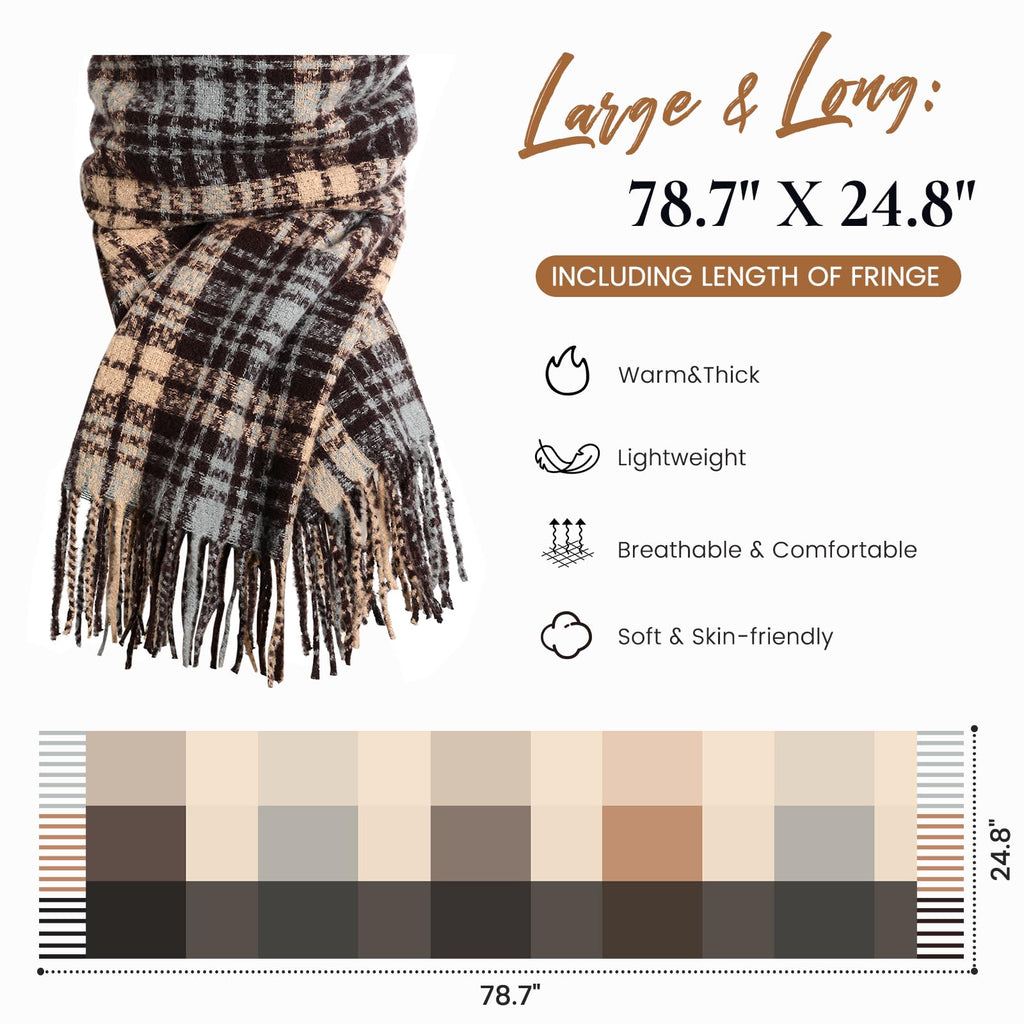 Winter Scarf for Women, Fashion Plaid Blanket Scarves with Fringe, Long Soft Scarf Shawl Wraps