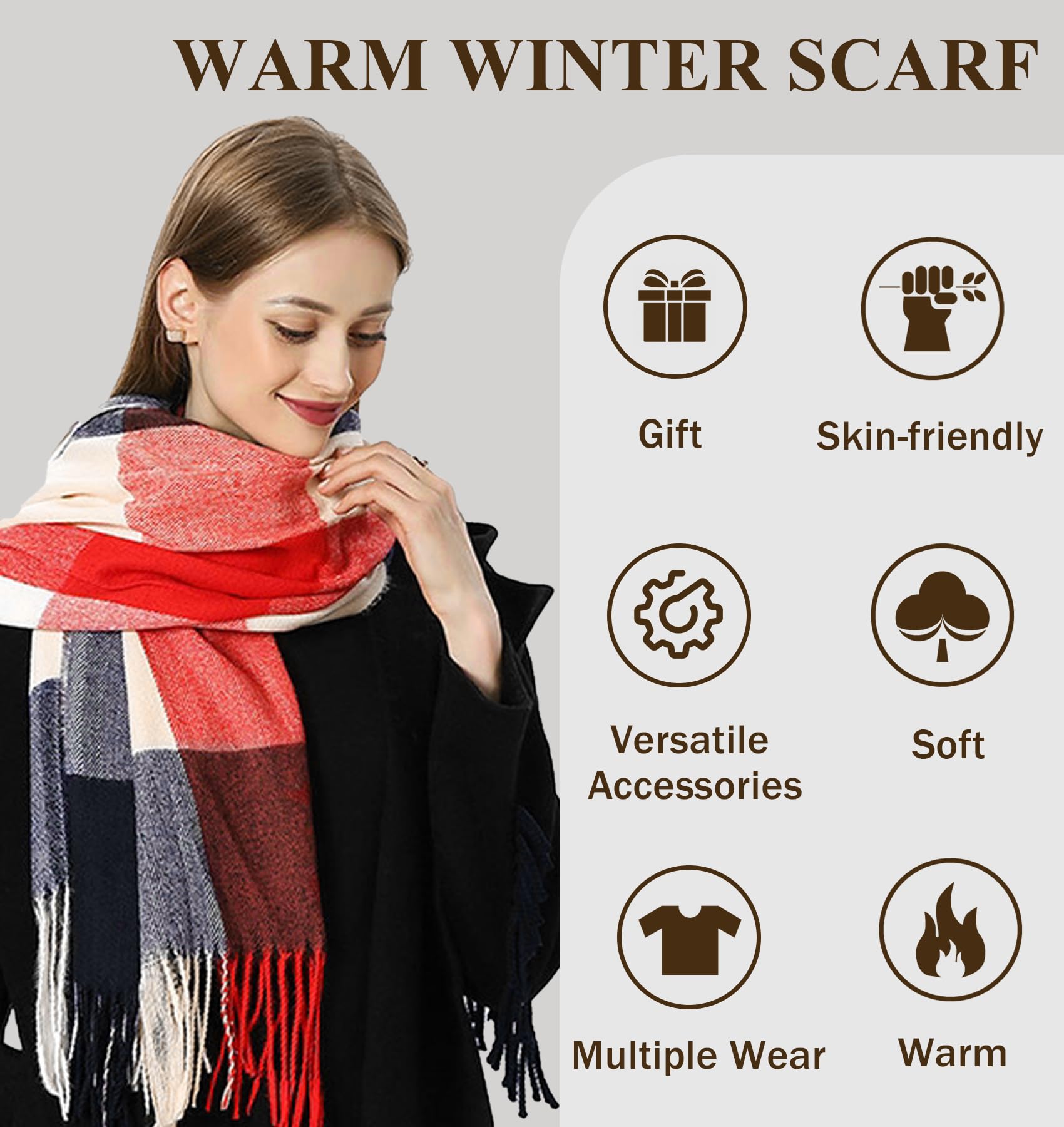 YSense Winter Scarf for Women, Fashion Long Plaid Scarves Warm Big Tartan Blanket Wrap Shawl Ladies Gifts