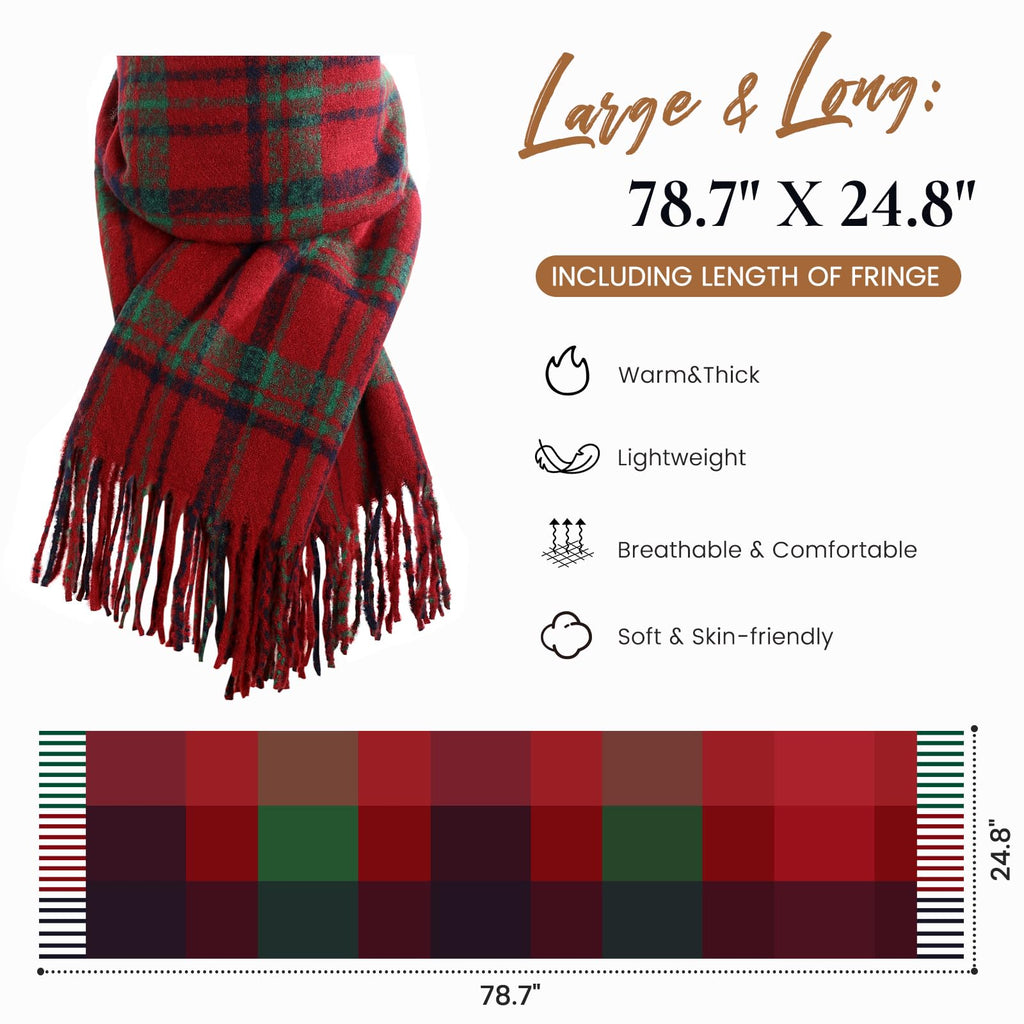Winter Scarf for Women, Fashion Plaid Blanket Scarves with Fringe, Long Soft Scarf Shawl Wraps