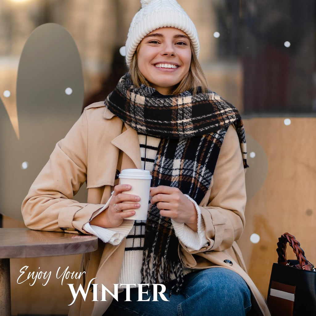 Winter Scarf for Women, Fashion Plaid Blanket Scarves with Fringe, Long Soft Scarf Shawl Wraps