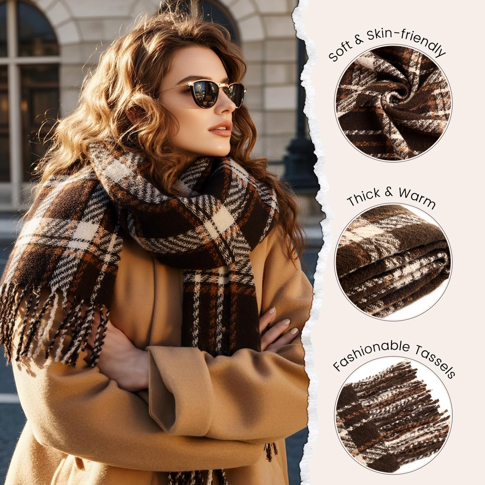 Winter Scarf for Women, Fashion Plaid Blanket Scarves with Fringe, Long Soft Scarf Shawl Wraps