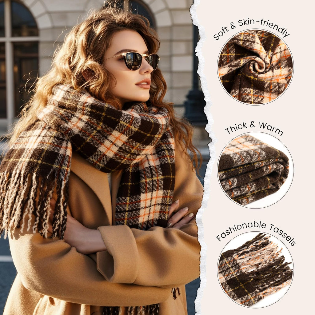 Winter Scarf for Women, Fashion Plaid Blanket Scarves with Fringe, Long Soft Scarf Shawl Wraps