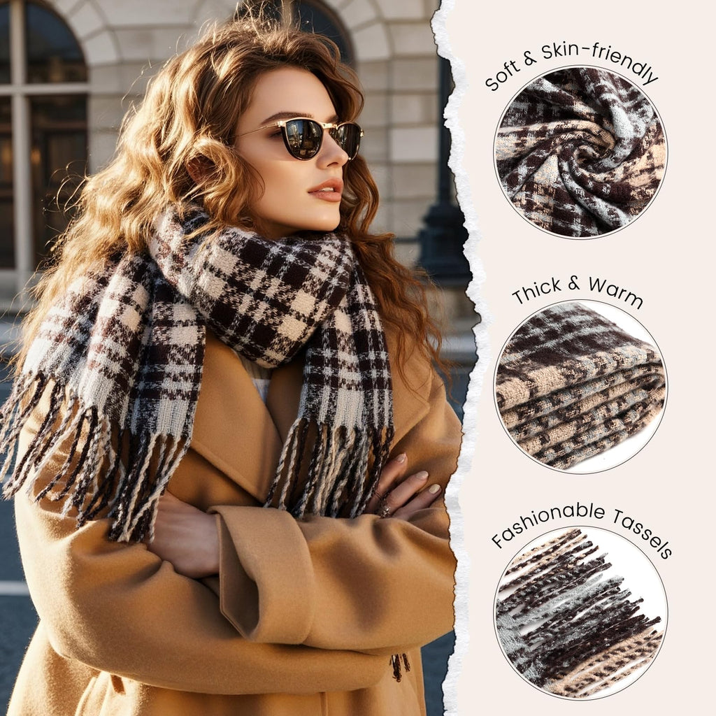 Winter Scarf for Women, Fashion Plaid Blanket Scarves with Fringe, Long Soft Scarf Shawl Wraps