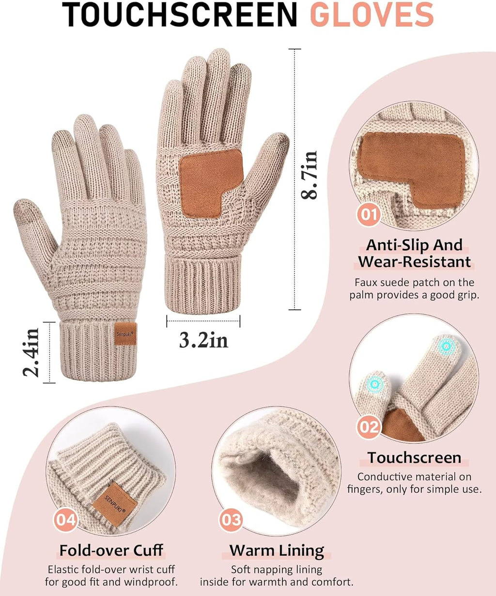 Womens Winter Beanie Hat Scarf Gloves Headband Set, Slouchy Beanie Ear Warmer Knit Scarf Touchscreen Gloves Warm 4 Gift Set