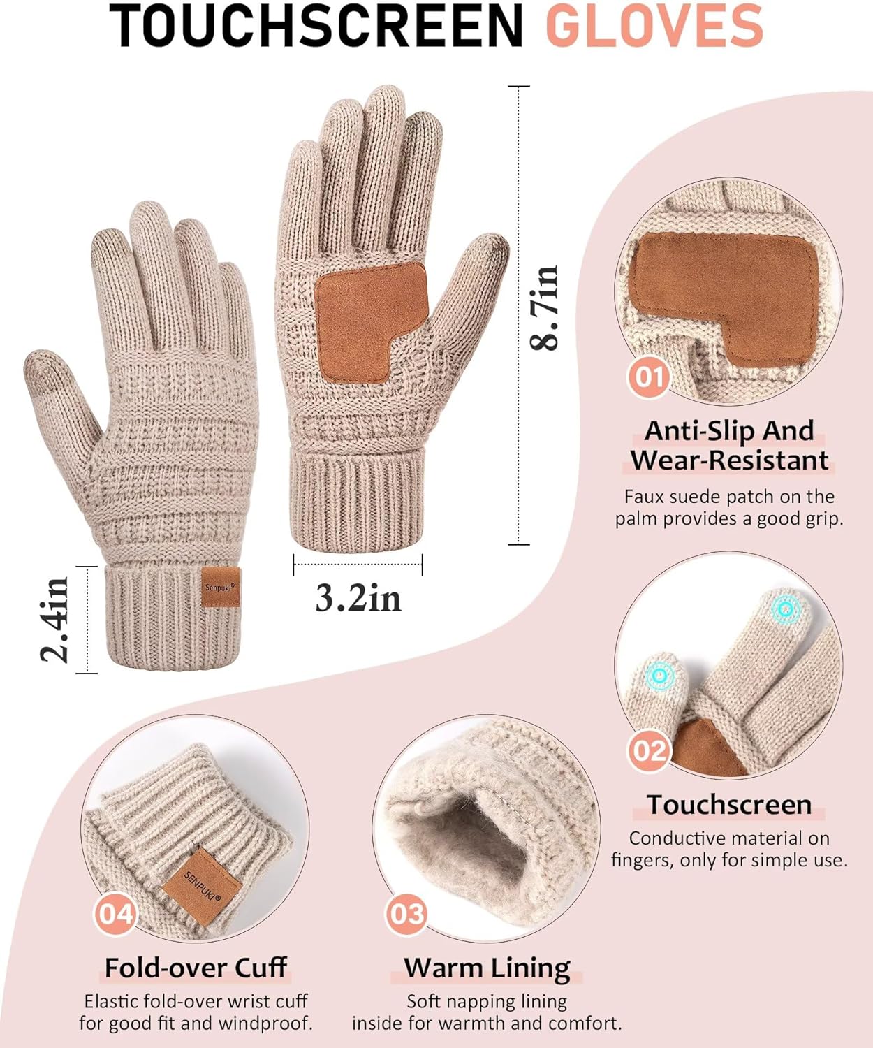 Womens Winter Beanie Hat Scarf Gloves Headband Set, Slouchy Beanie Ear Warmer Knit Scarf Touchscreen Gloves Warm 4 Gift Set