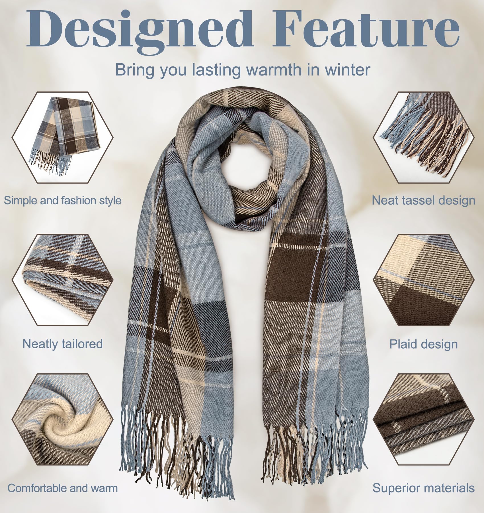 YSense Winter Scarf for Women, Fashion Long Plaid Scarves Warm Big Tartan Blanket Wrap Shawl Ladies Gifts