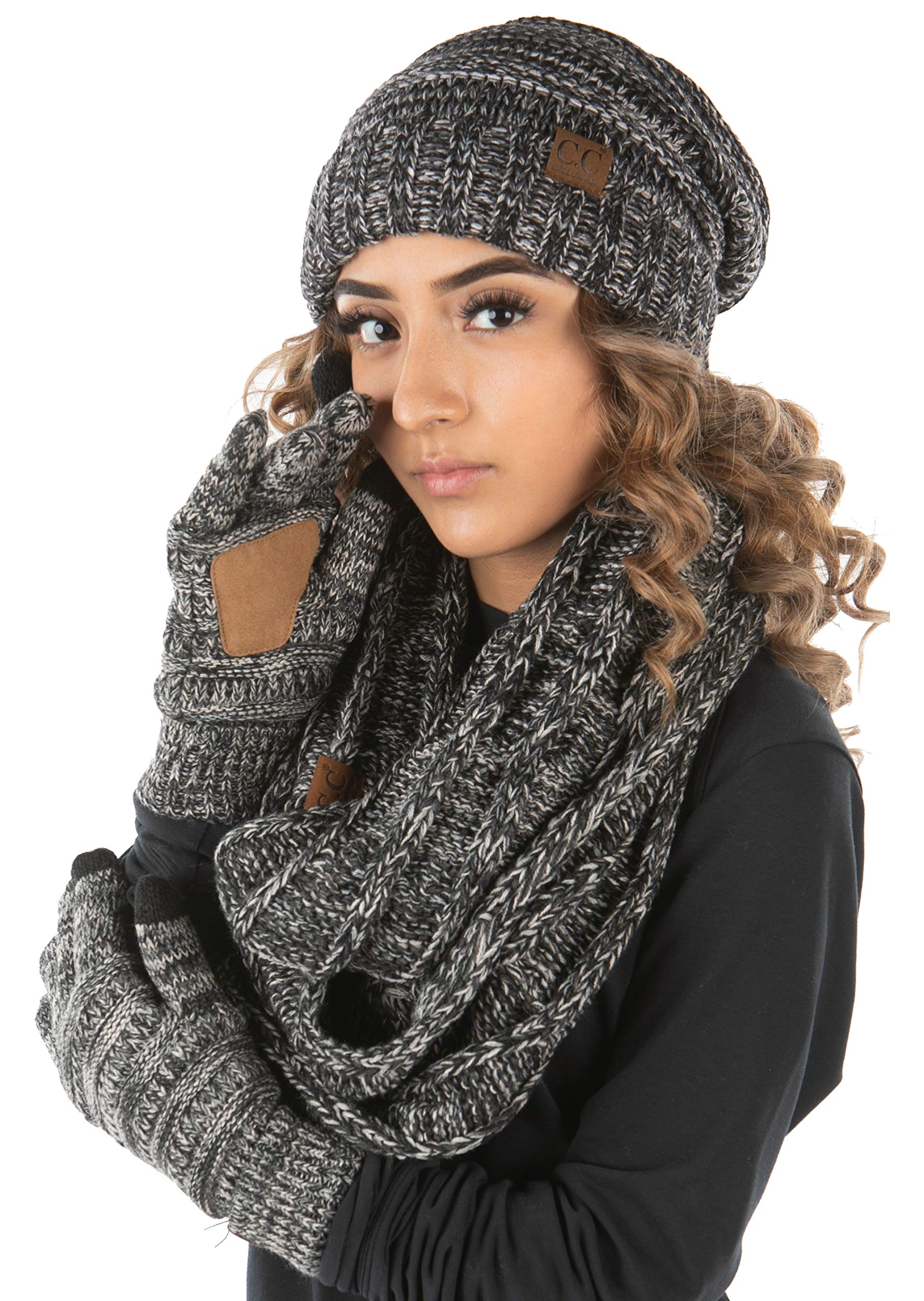 Funky Junque Hat Scarf Glove Set for Women – Matching Winter Set with Oversized Slouchy Beanie, Infinity Scarf & Cozy Gloves
