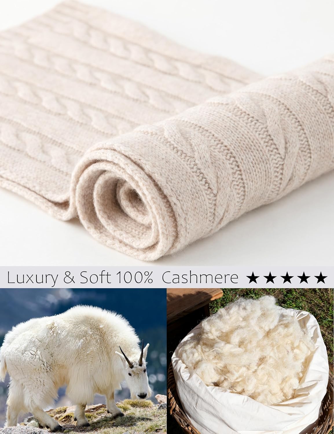 Soft Warm 100% Cashmere Scarf for Women Lightweight Luxury Cable Stitch Scarves Mottle Camel