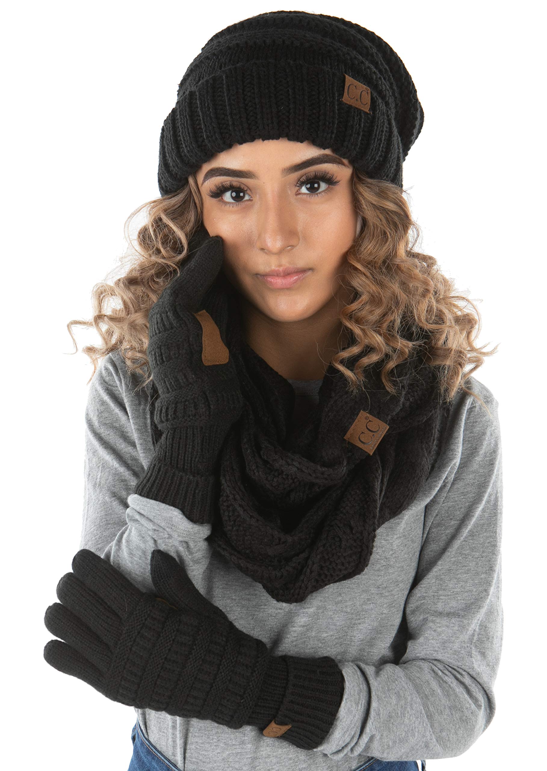 Funky Junque Hat Scarf Glove Set for Women – Matching Winter Set with Oversized Slouchy Beanie, Infinity Scarf & Cozy Gloves