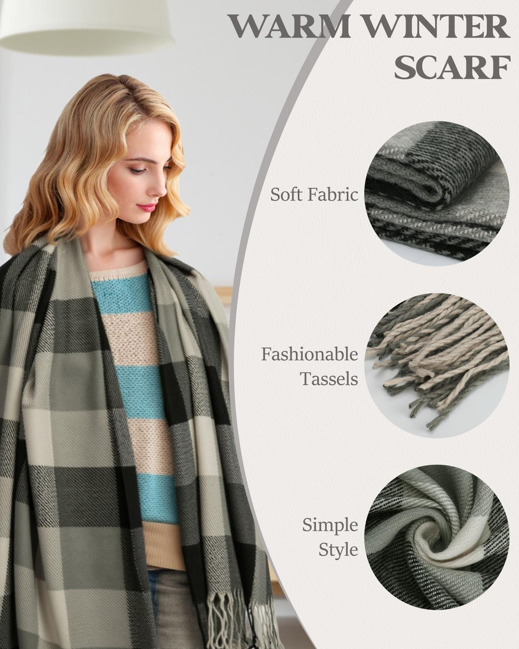 YSense Winter Scarf for Women, Fashion Long Plaid Scarves Warm Big Tartan Blanket Wrap Shawl Ladies Gifts