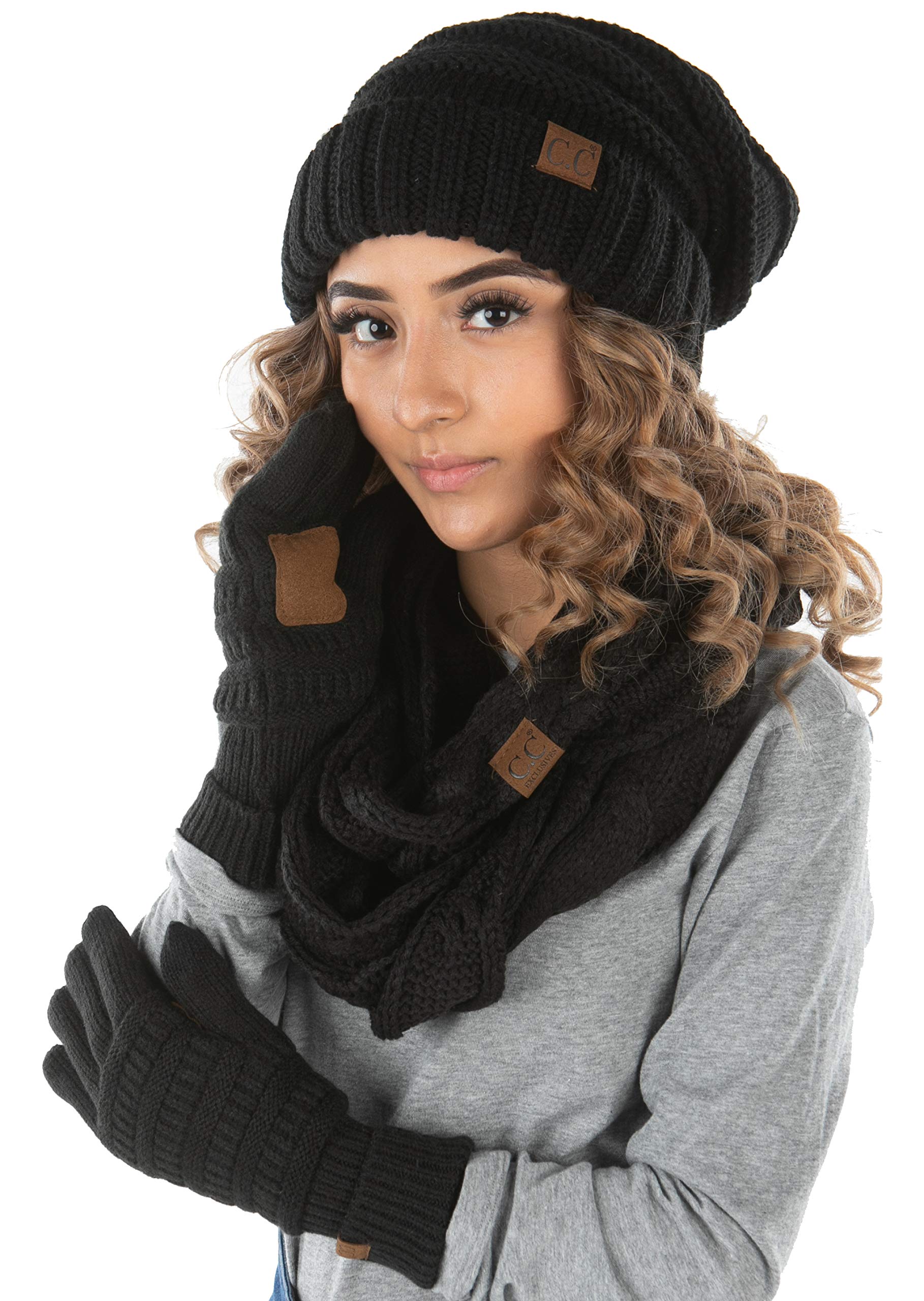 Funky Junque Hat Scarf Glove Set for Women – Matching Winter Set with Oversized Slouchy Beanie, Infinity Scarf & Cozy Gloves