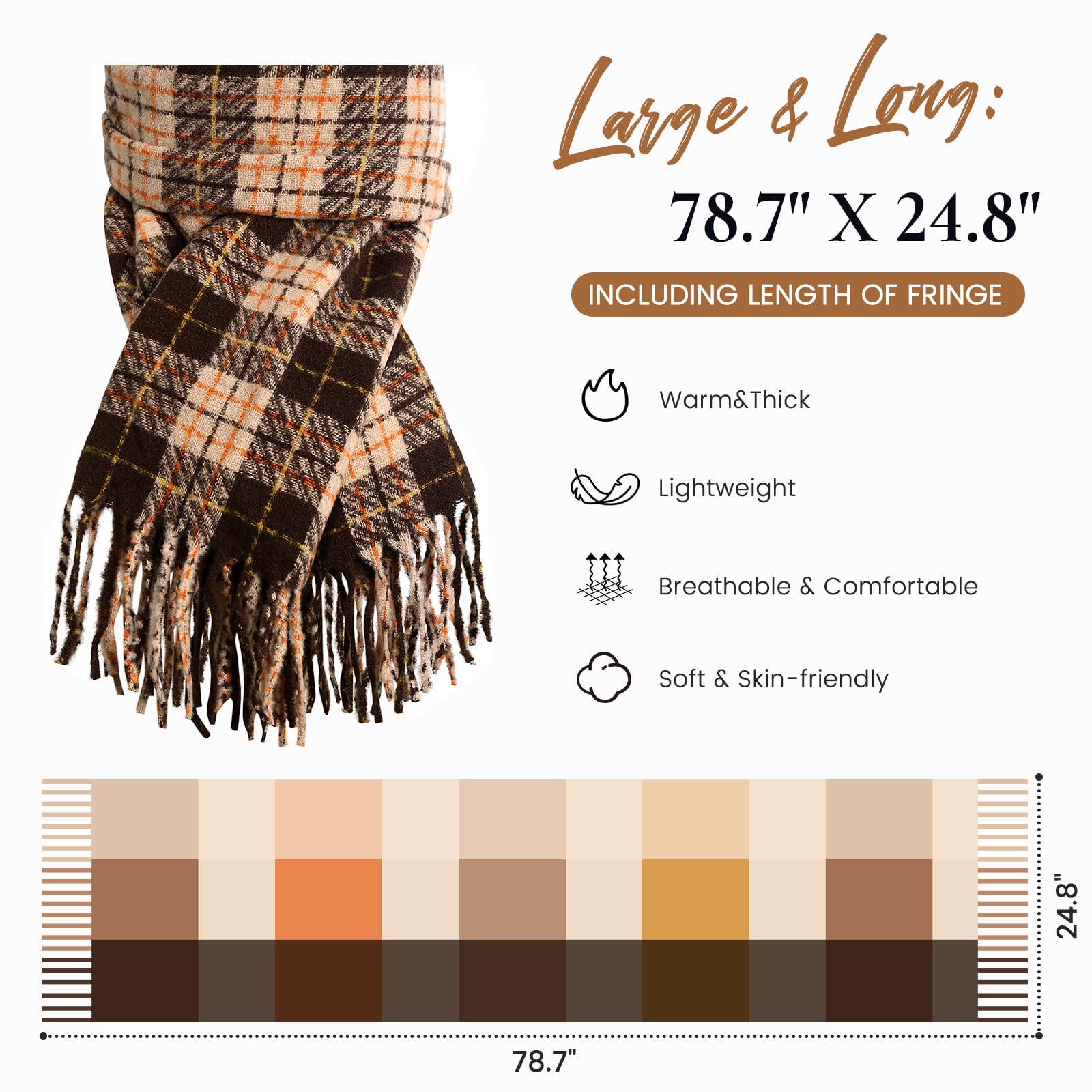 Winter Scarf for Women, Fashion Plaid Blanket Scarves with Fringe, Long Soft Scarf Shawl Wraps