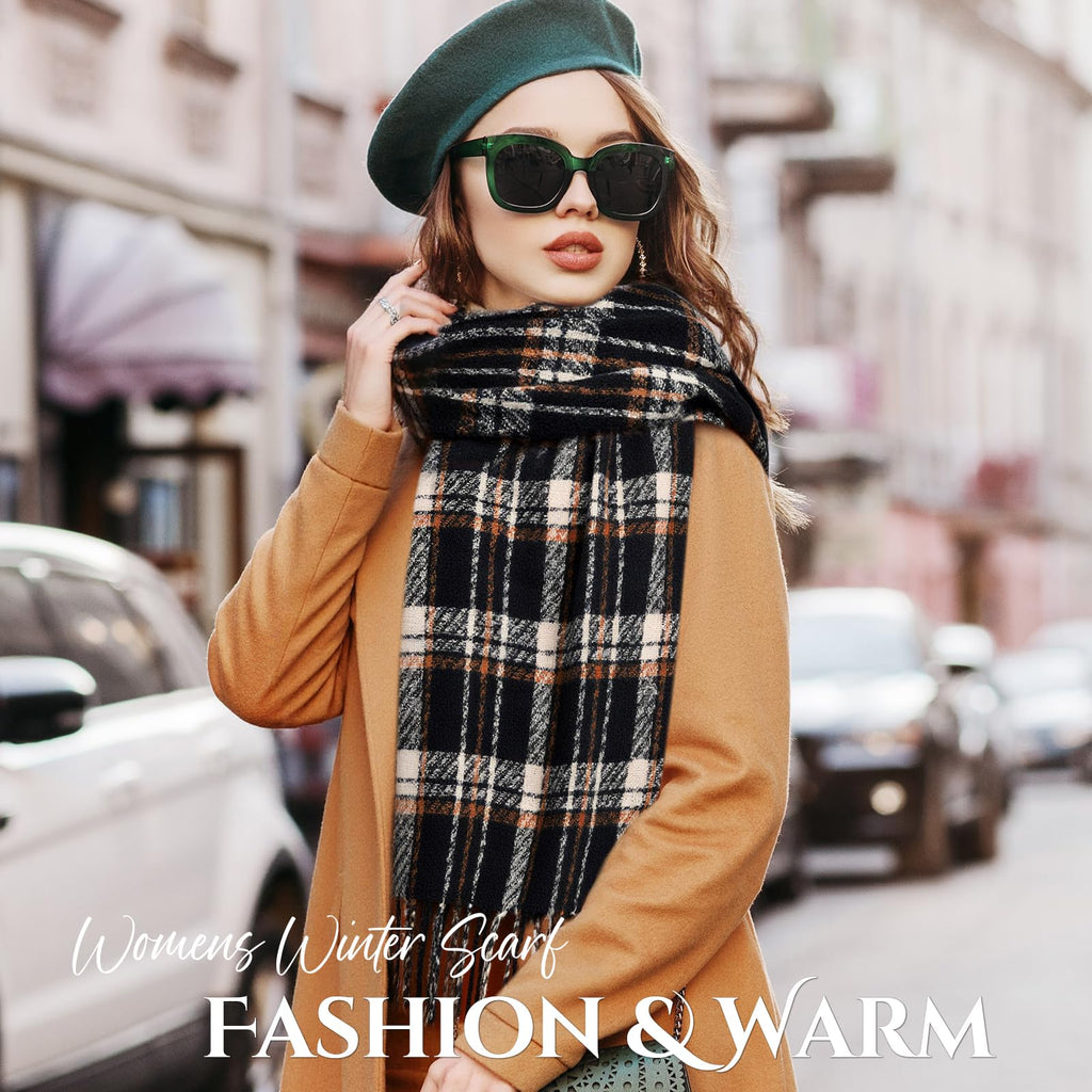 Winter Scarf for Women, Fashion Plaid Blanket Scarves with Fringe, Long Soft Scarf Shawl Wraps