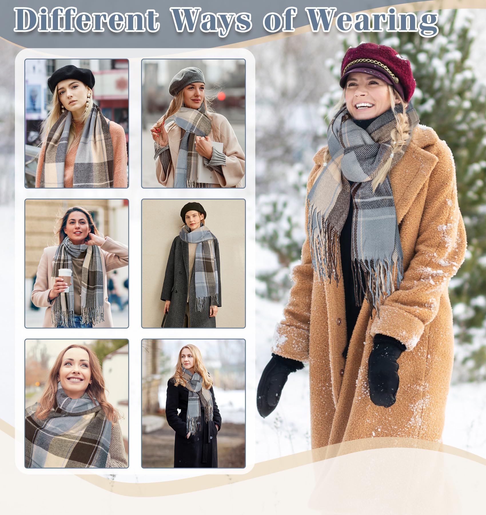 YSense Winter Scarf for Women, Fashion Long Plaid Scarves Warm Big Tartan Blanket Wrap Shawl Ladies Gifts