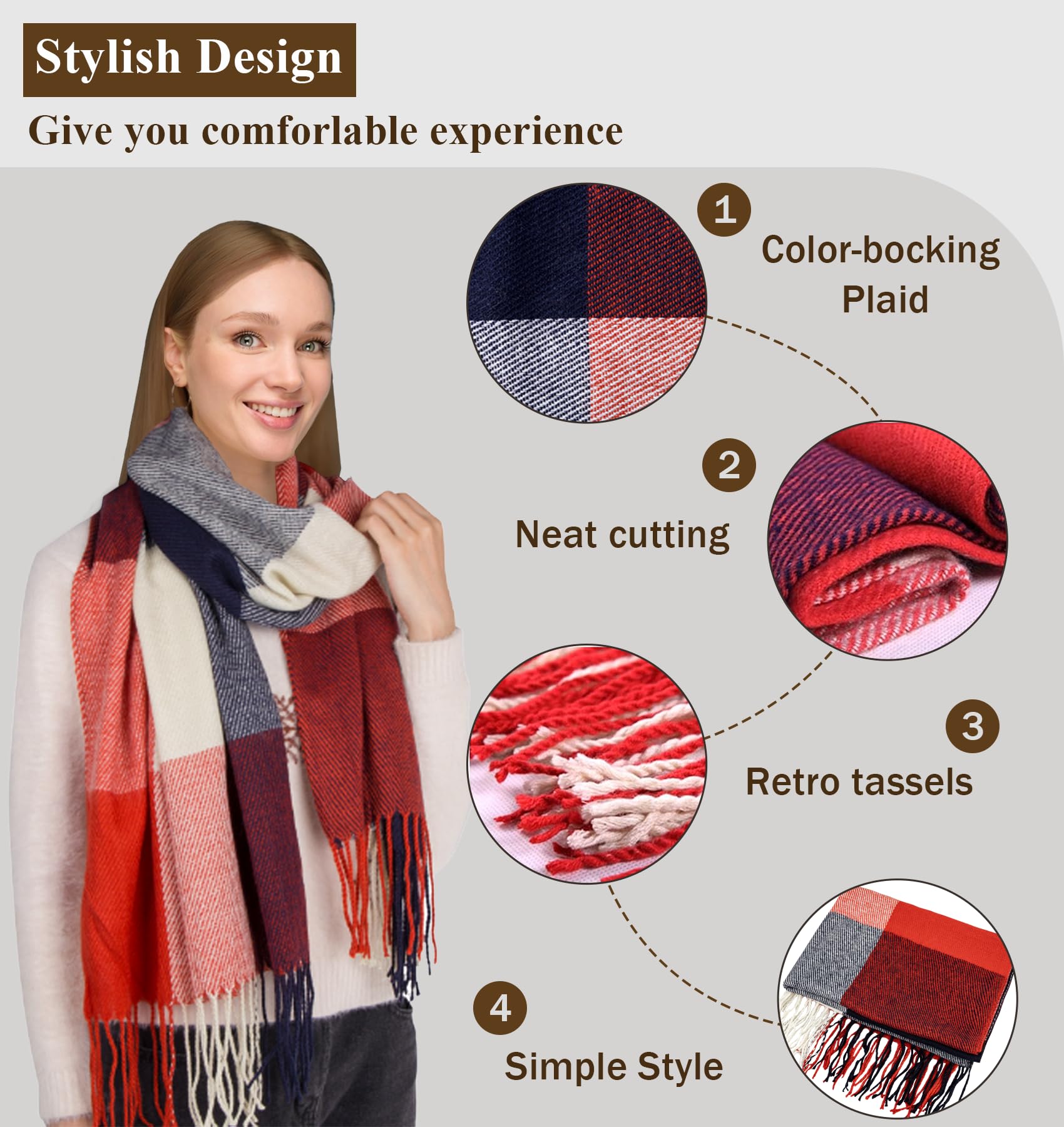 YSense Winter Scarf for Women, Fashion Long Plaid Scarves Warm Big Tartan Blanket Wrap Shawl Ladies Gifts