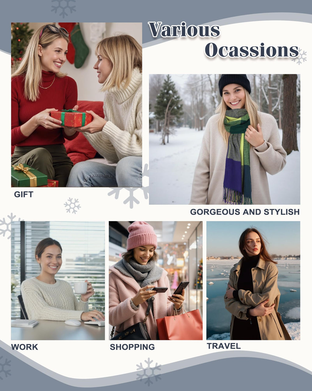 YSense Winter Scarf for Women, Fashion Long Plaid Scarves Warm Big Tartan Blanket Wrap Shawl Ladies Gifts