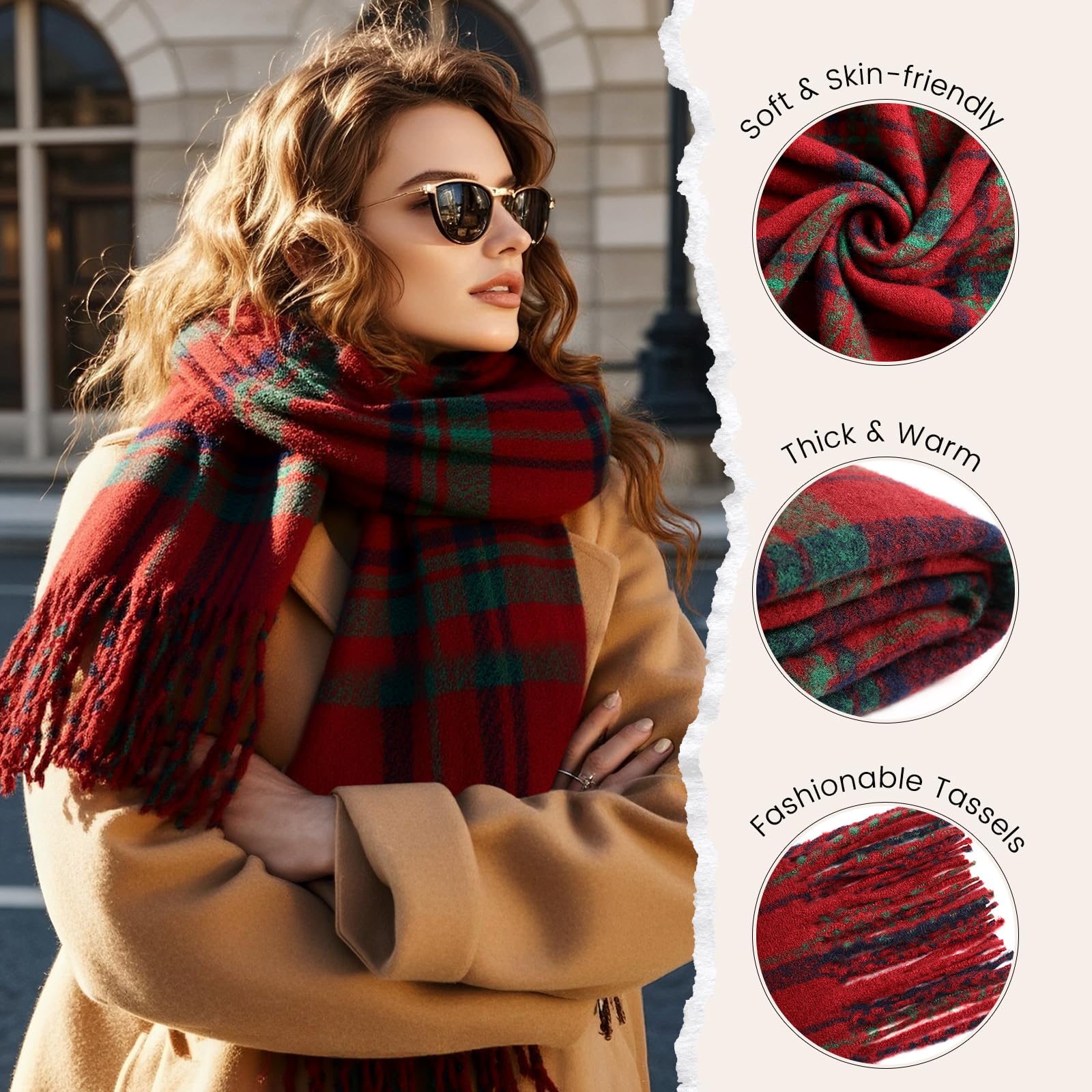 Winter Scarf for Women, Fashion Plaid Blanket Scarves with Fringe, Long Soft Scarf Shawl Wraps