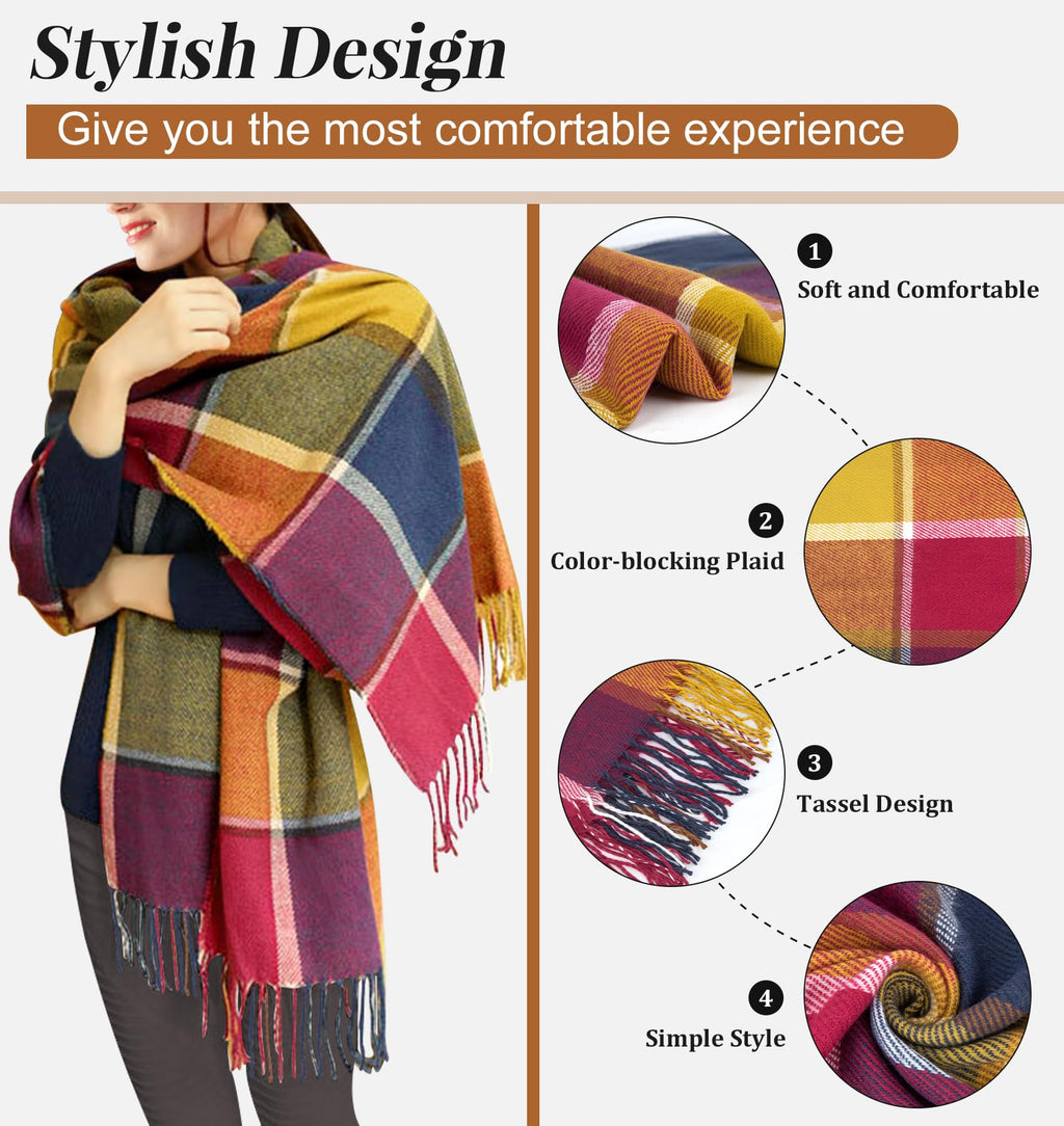 YSense Winter Scarf for Women, Fashion Long Plaid Scarves Warm Big Tartan Blanket Wrap Shawl Ladies Gifts