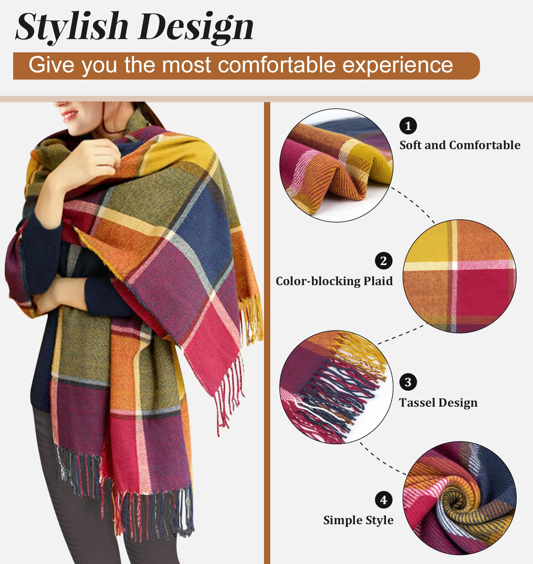 YSense Winter Scarf for Women, Fashion Long Plaid Scarves Warm Big Tartan Blanket Wrap Shawl Ladies Gifts