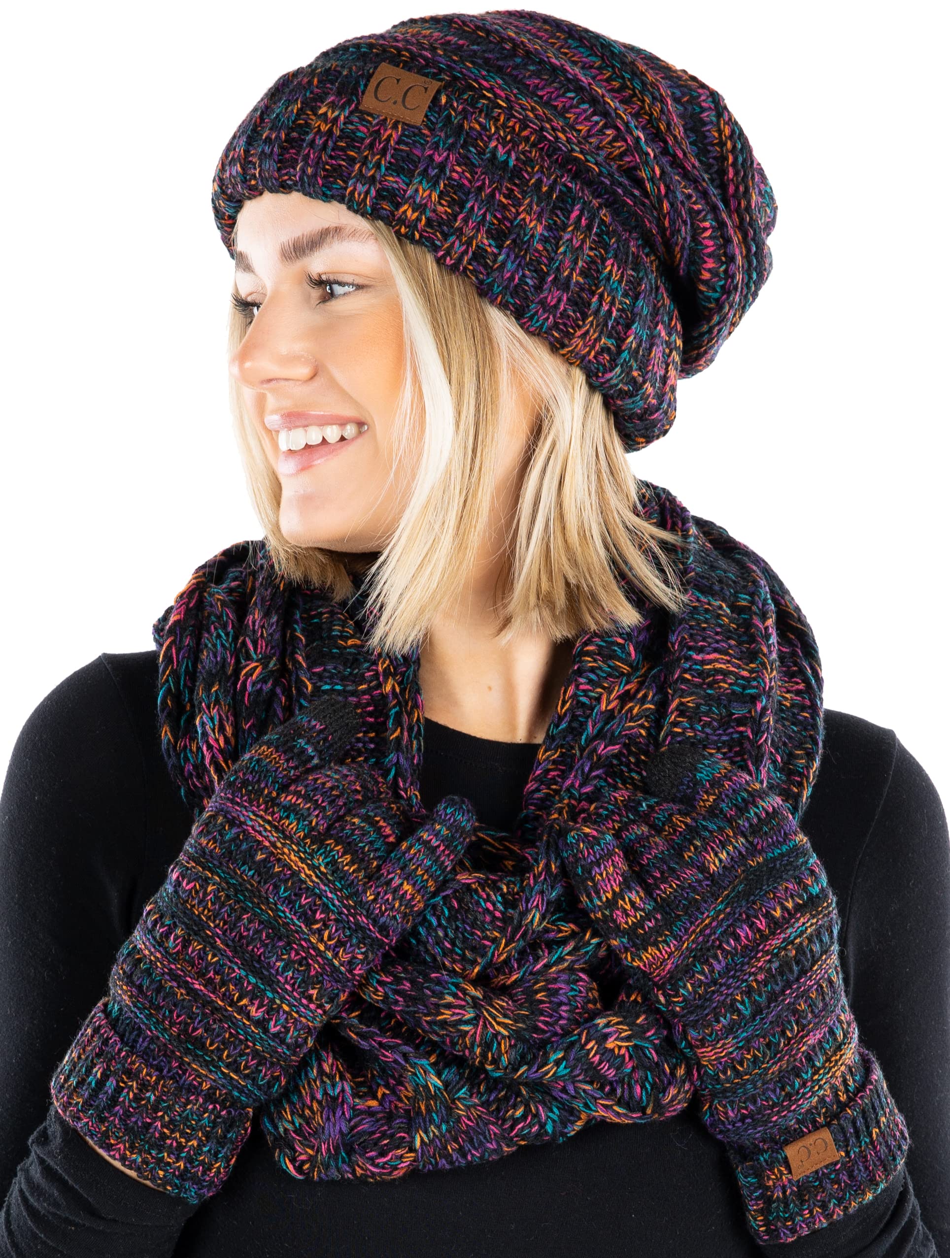 Funky Junque Hat Scarf Glove Set for Women – Matching Winter Set with Oversized Slouchy Beanie, Infinity Scarf & Cozy Gloves